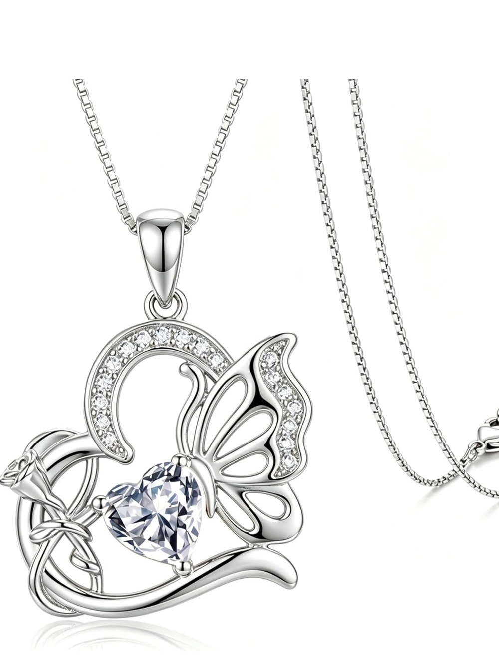 Silver Butterfly Heart Pendant Necklace for Women